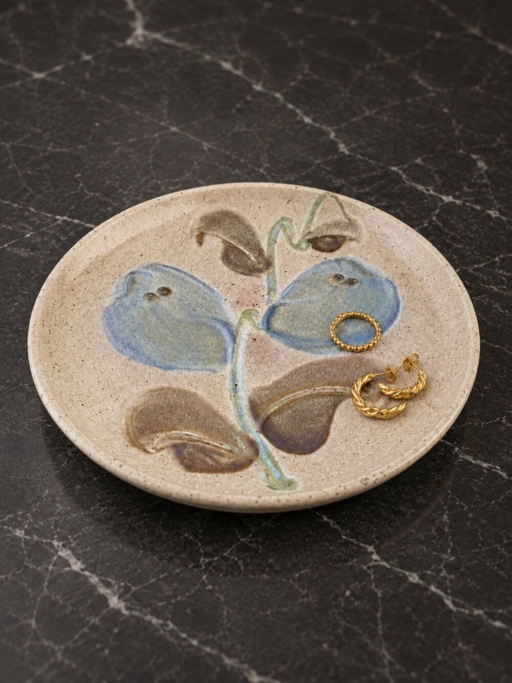 Signed Studio Art Pottery Botanical Trinket Dish Plate 8.25" Handmade Boho Decor